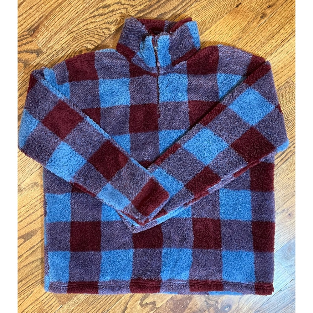 Eddie Bauer Womens Plaid Fleece Quarter Zip Pullover Sweatshirt XL Burgundy Blue - Picture 5 of 11